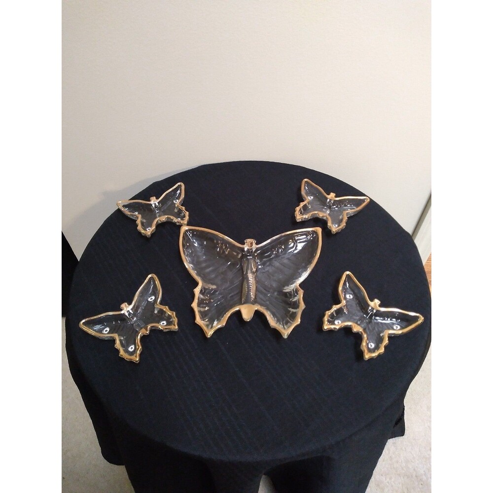 Set of 5 Vintage Glass Butterfly Dish Set Trimmed in Gold (Untested)